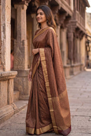Rosewood Brown Mysore Crepe Silk Saree With Zari Border 10076656