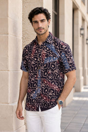 Black Half Sleeve Ajrakh Printed Cotton Mens Shirt 10072714
