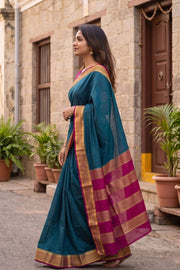 Midnight Teal Blue Mysore Crepe Silk Saree With Zari Border 10076670