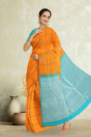 Kanjivaram Handloom Pure Silk Saree in Turmeric Yellow with Meenakari Paisley Buttas and Contrast Blue Zari Pallu 10076112