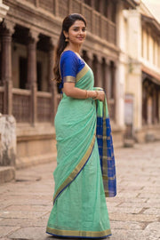 Minted Aqua Green Mysore Crepe Silk Saree With Zari Border 10076677
