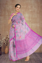 Lavender Parrot Motifs Chanderi Printed Silk Cotton Saree 10075928