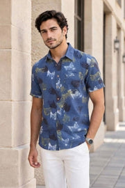 Blue Half Sleeve Ajrakh Printed Cotton Mens Shirt 10072913