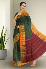 Jungle Green Thousand Buttas Chettinad Cotton Saree With Peacock Border 10076561