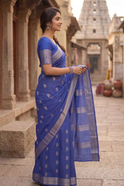 Sapphire Blue Mysore Crepe Silk Saree With Paisley Motifs Design And Zari Border 10076681