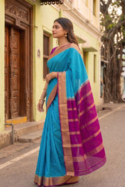 Pacific Blue With Purple Mysore Crepe Silk Saree 10076657