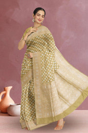 Light Olive Green Handloom Banarasi Katan Silk Saree 10063207