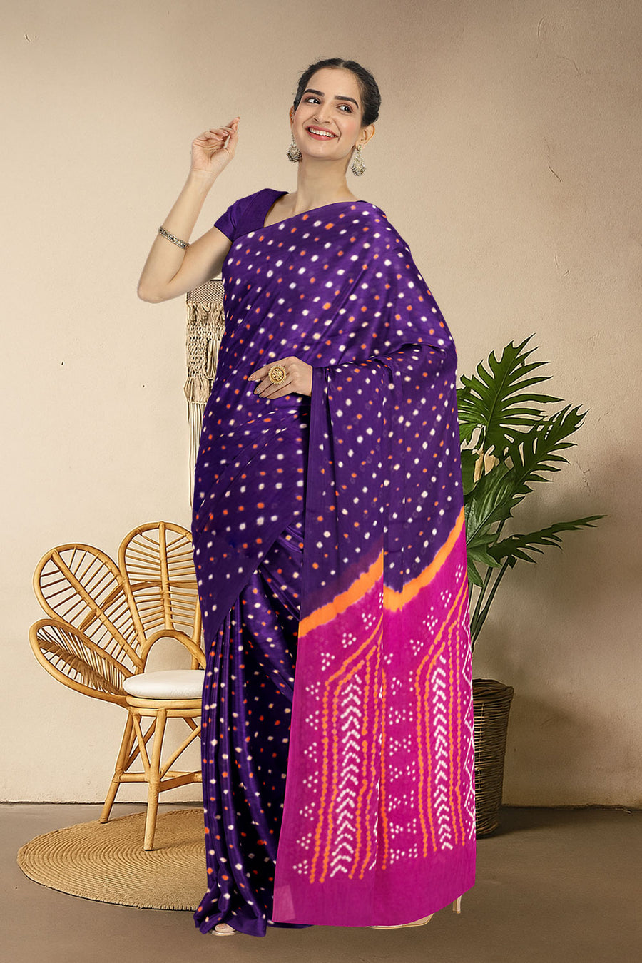 Bandhani Design Maheshwari Cotton Saree Purple Bandhani