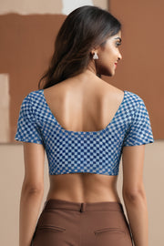 Blue Geometric Motif Indigo Hand Block Print Cotton Blouse 10074574