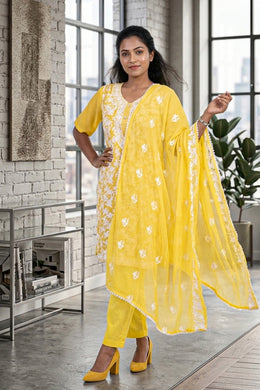 Yellow Chikankari Embroidery Viscose Silk Salwar Suit 10076190