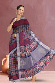 Blue Hand Block Printed linen saree 10070882