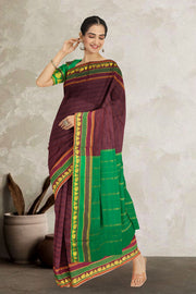 Kanjivaram Vegan Viscose Silk Saree Berry Chocolate Color and Traditional Design 10075540