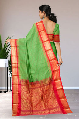 Mantis Green Handwoven Gadwal Kuttu Cotton Saree 10061430