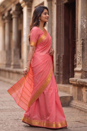 Blush Pink Monotone Mysore Crepe Silk Saree With Floral Border 10043578