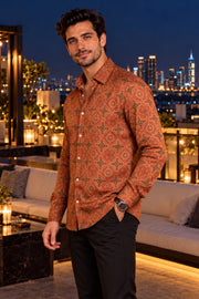 Rust Orange Ajrakh Printed Vegan Modal Silk Mens Shirt 10078100