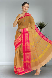 Yellow Handloom Chettinad Cotton Saree With Peacock Border 10075914