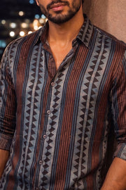 Blue Full Sleeve Jahota Print Modal Silk Mens Shirt 10074382