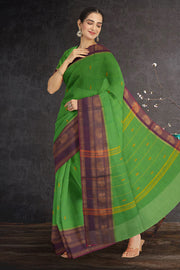 Bamboo Green Chettinad Cotton Saree with Peacock Zari Border 10075913
