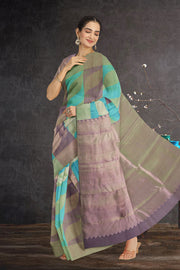 Kanjivaram Pure Zari Handloom Silk Saree with Green & Purple Stripes in Ettukol Weave 10076128