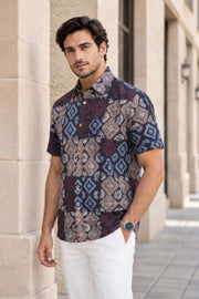 Black Half Sleeve Ajrakh Printed Cotton Mens Shirt 10072991
