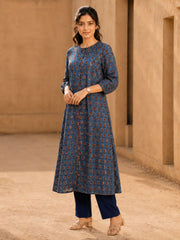 Indigo Hand Block Printed Cotton Kurta 10077663