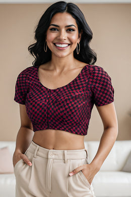 Maroon Geometric Motif Indigo Hand Block Print Cotton Blouse 10074604