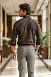 Brown Full Sleeve Ajrakh Printed Cotton Mens Shirt 10076862