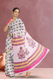 White Hand Block Printed Cotton Saree 10069071