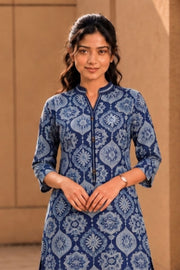 Blue Hand Block Printed Cotton Kurta 10077672