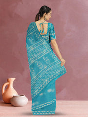 Vivid Sky-Blue Dabu Print Kota Cotton Saree 10074183