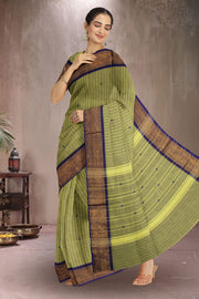 Pistachio Green Chettinad Cotton Saree with Stripes and Peacock Zari Border 10075911