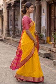 Yellow Mysore Crepe Silk Saree With Pink Border 10043564