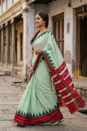 Light Mint Green Kanjivaram Vegan Silk Saree with Temple Border 10077947