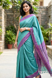 Turkish Blue Kanjivaram Vegan Viscose Silk Saree with Color Block Design 10075551