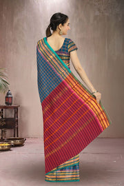 Blue Handloom Chettinad Cotton Saree Without Blouse 10072572