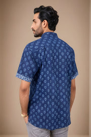 Indigo Handblock Print Pre-Washed Pure Cotton Shirt 10074612
