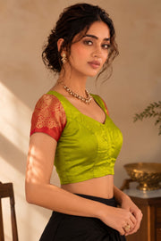 Honey Olive Green Kanjivaram Silk Blouse With Contrast Saffron Brick Red Border 10076636