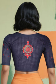 Black Slub Cotton Hand Embroidered Blouse 10070771