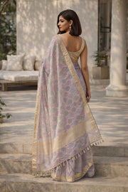 Violet Hand Painted Pure Silk Organza Banarasi Saree 10065750