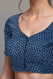 Blue Geometric Motif Indigo Hand Block Print Cotton Blouse 10074611