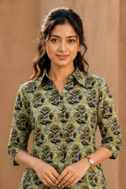 Green Hand Block Printed Cotton Dress 10077645