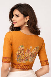 Yellow Kalamkari Applique Aari Embroidered Cotton Blouse 10066110