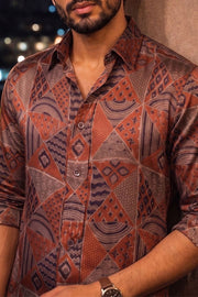 Brown Full Sleeve Jahota Print Modal Silk Mens Shirt 10074379