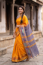 Orange Kanjivaram Silk Cotton Saree with Ikat Border 10077972