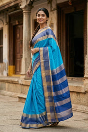 Blue Semi Mysore Crepe Silk Saree With Zari Border 10077827