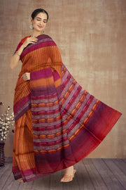 Orange Printed Tussar Silk Saree 10076296