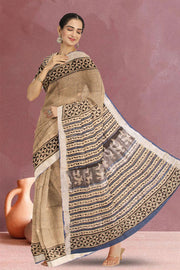 Beige Hand Block Printed linen saree 10070883