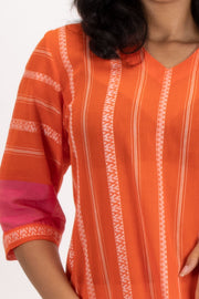 Orange Handcrafted Dhaniakhali Cotton Kurta 10073990