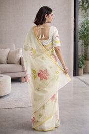 Cream Hand Painted Organza Saree 10065920