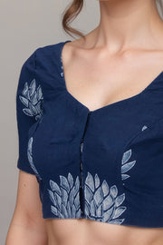 Blue Bouquet Motif Indigo Hand Block Print Cotton Blouse 10074634